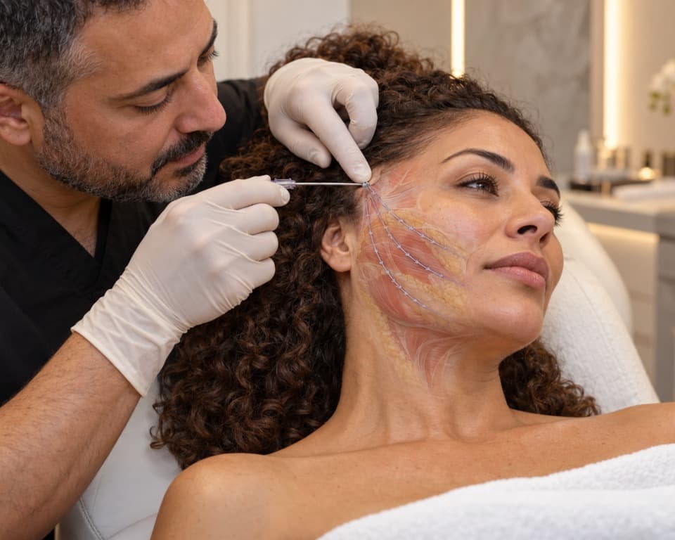 Thread lift treatment shown as related facial lifting imagery